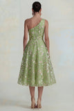 Sparkly Flower Appliqued Pink One Shoulder A Line Midi Dress
