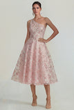 Sparkly Flower Appliqued Pink One Shoulder A Line Midi Dress