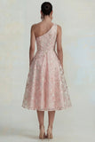 Sparkly Flower Appliqued Pink One Shoulder A Line Midi Dress
