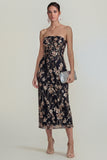 Sparkly Flower Appliqued Strapless Sheath Midi Dress