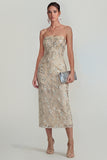 Sparkly Flower Appliqued Strapless Sheath Midi Dress