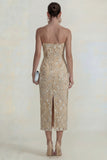 Sparkly Flower Appliqued Strapless Sheath Midi Dress