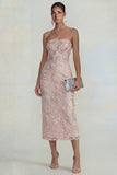 Sparkly Flower Appliqued Pink Strapless Sheath Midi Dress