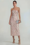 Sparkly Flower Appliqued Strapless Sheath Midi Dress