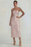 Sparkly Flower Appliqued Pink Strapless Sheath Midi Dress