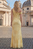 Yellow One Shoulder Sheath Long Prom Dress with Floral Embroidery