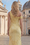 Yellow One Shoulder Sheath Long Prom Dress with Floral Embroidery