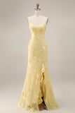 Sheath Floral Embroidery Yellow Long Prom Dress with Ruffle Slit