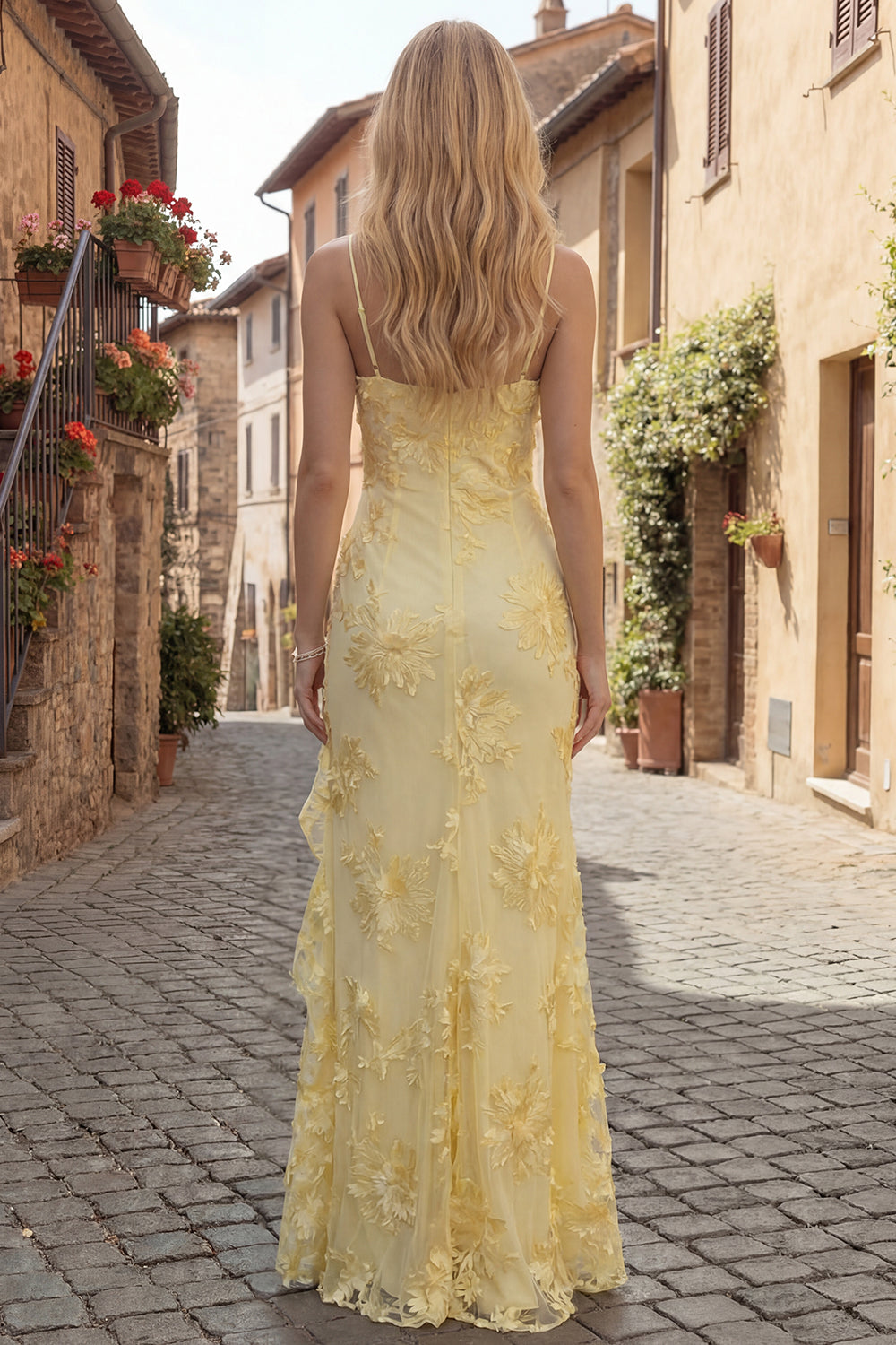 Zapaka Women Yellow Long Prom Dress with Ruffle Slit Sheath Floral Embroidery Spaghetti Straps Formal Dress, Yellow / US20W Zapaka Women Yellow Long Prom Dress with Ruffle Slit Sheath Floral Embroidery Spaghetti Straps Formal Dress, Yellow / US20W