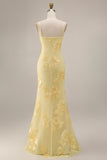 Sheath Floral Embroidery Yellow Long Prom Dress with Ruffle Slit