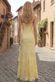Yellow Sheath Floral Embroidery Long Prom Dress with Ruffle Slit