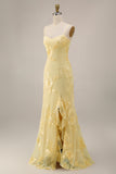Sheath Floral Embroidery Yellow Long Prom Dress with Ruffle Slit