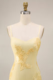 Sheath Floral Embroidery Yellow Long Prom Dress with Ruffle Slit