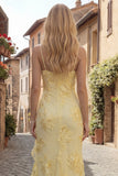 Yellow Sheath Floral Embroidery Long Prom Dress with Ruffle Slit