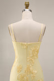 Sheath Floral Embroidery Yellow Long Prom Dress with Ruffle Slit