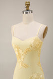 Sheath Floral Embroidery Yellow Long Prom Dress with Ruffle Slit