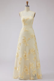 Yellow A-Line Spaghetti Straps Embroidered Long Floral Dress with Lace Up Back