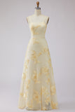 Yellow A-Line Spaghetti Straps Embroidered Long Floral Dress with Lace Up Back