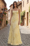Yellow A-Line Spaghetti Straps Lace Up Back Long Prom Dress with Floral Embroidery