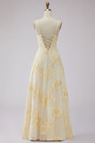 Yellow A-Line Spaghetti Straps Lace Up Back Long Prom Dress with Floral Embroidery