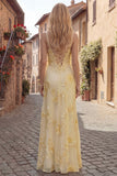 Yellow A-Line Spaghetti Straps Lace Up Back Long Prom Dress with Floral Embroidery