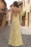 Yellow A-Line Spaghetti Straps Lace Up Back Long Prom Dress with Floral Embroidery