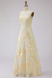 Yellow A-Line Spaghetti Straps Lace Up Back Long Prom Dress with Floral Embroidery
