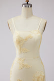 Yellow A-Line Spaghetti Straps Embroidered Long Floral Dress with Lace Up Back