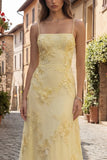 Yellow A-Line Spaghetti Straps Lace Up Back Long Prom Dress with Floral Embroidery