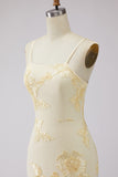 Yellow A-Line Spaghetti Straps Embroidered Long Floral Dress with Lace Up Back