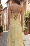 Yellow A-Line Spaghetti Straps Lace Up Back Long Prom Dress with Floral Embroidery