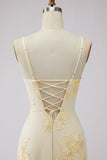 Yellow A-Line Spaghetti Straps Embroidered Long Floral Dress with Lace Up Back