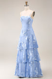Yellow A-Line Spaghetti Straps Tiered Long Prom Dress with Floral Embroidery