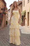 Yellow A-Line Spaghetti Straps Tiered Long Prom Dress with Floral Embroidery