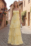 Yellow A-Line Spaghetti Straps Tiered Long Prom Dress with Floral Embroidery