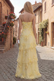 Yellow A-Line Spaghetti Straps Tiered Long Prom Dress with Floral Embroidery
