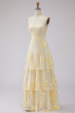 Yellow A-Line Spaghetti Straps Tiered Long Prom Dress with Floral Embroidery