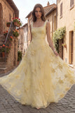 Yellow A Line Square Neck Long Prom Dress with Embroidery