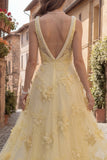 Yellow A Line Square Neck Long Prom Dress with Embroidery