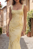 Yellow Mermaid Embroidered Square Neck Long Prom Dress
