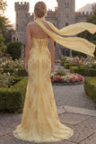 Mermaid Yellow Strapless Corset Long Prom Dress with a Neck Scarf