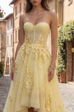 Yellow Strapless A Line Tulle Corset High-Low Prom Dress with Floral Embroidery