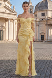 Yellow Sheath Off the Shoulder Floral Embroidery Tulle Long Prom Dress with Ruffled Slit