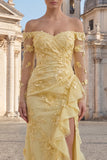 Yellow Sheath Off the Shoulder Floral Embroidery Tulle Long Prom Dress with Ruffled Slit