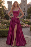 Burgundy A Line Square Neck Side Slit Long Prom Dress with Pearls