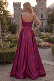 Burgundy A Line Square Neck Side Slit Long Prom Dress with Pearls