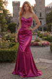 Strapless Burgundy Satin Mermaid Long Prom Dress