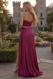 Burgundy One Shoulder A Line Beaded Satin Long Prom Dress with Slit