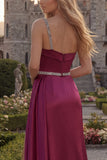 Burgundy One Shoulder A Line Beaded Satin Long Prom Dress with Slit