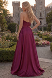 Sweetheart A Line Burgundy Satin Long Prom Dress